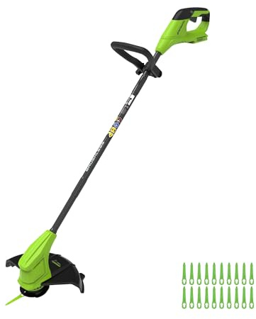 Greenworks 24 V borstlös grästrimmer Gen2 för små till medelstora trädgårdar, 25 cm skärbredd, inkluderar 20 plastblad utan batteri och laddare, grön ST2502