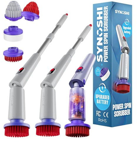 Synoshi Pro Cepillo de Limpieza Eléctrico – Depurador Giratorio sin Cable con Mango de Extensión, Cepillo Redondo, Esponja Mágica y 2 Cepillos Cónicos – Recargable para Baño, Azulejos y Cocina