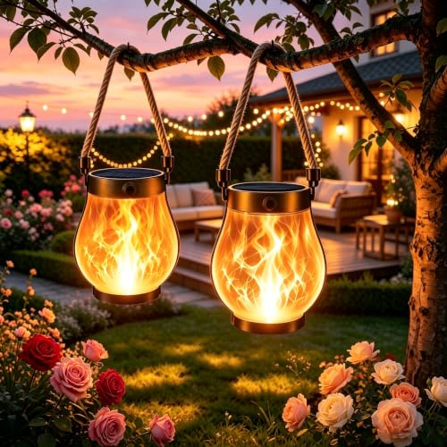 Lot De 2 Lanternes Solaires Extérieures, Lampes Jardin LED Étanches Flamme Dansante, Corde Chanvre Double USB Solaire Pour Terrasse Cour Chemin Déco Cadeau Anniversaire