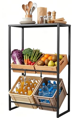 TANGZON 3 Tier Drink Crate Rack, Heavy Duty Metal Bottle Crate Storage Rack with Top Shelf, 2 Hooks & 3 Adjustable Tilts, Floor Standing Drinks Crates Holder for Beer Soda Kitchen Bar (69.5x32x112cm)