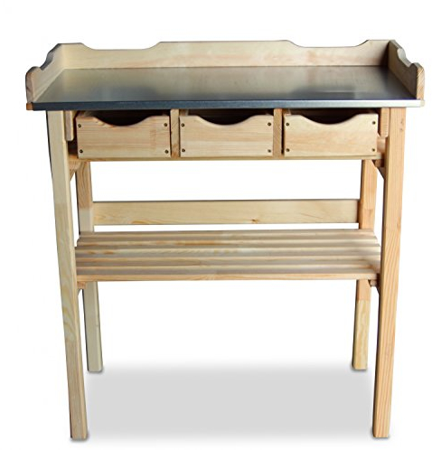 GartenDepot24 Pflanztisch mit 3 Schubladen aus Holz, Zinkplatte, Natur B78 x T38 x H82 cm