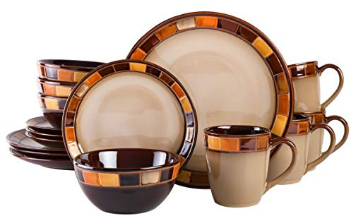Gibson Casa Estebana 16-Piece Dinnerware Set, Service for 4 – Beige and Brown Stoneware Plates and Bowls
