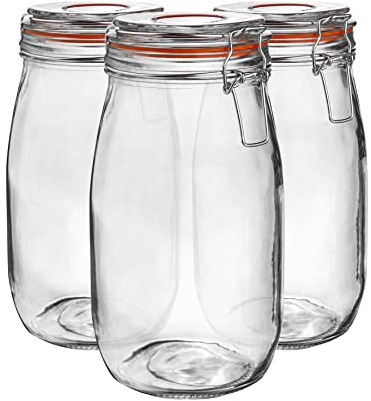 Argon Tableware Glass Jars with Airtight Metal Clip Lid - 1500ml/50.7oz - 6 Pack - 4 Colour Seals - Large Kitchen Storage Container Round Preserving Jar for Pickling, Chutney, Jam, Coffee