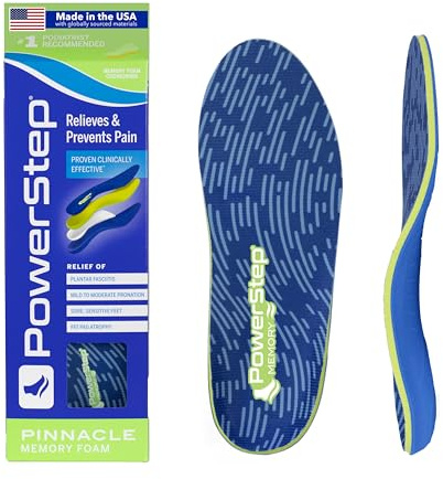PowerStep Pinnacle Memory Foam Orthotics Insoles, Heel and Arch Support, Plantar Fasciitis Relief, Mild Pronation, Fat Pad Atrophy, Cushioned Orthotics, Made in The USA (Men's 5-5.5 / Women's 7-7.5)