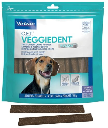 Virbac C.E.T.® VEGGIEDENT® FR3SH® Tartar Control Chews for Dogs with digestive health support, VOHC Approved, Medium 22-66lbs