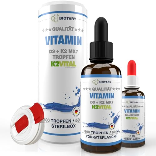 Vitamine D3 + K2 Gouttes 50 ml - (K2VITAL®) 99,7+% All-Trans + boîte stérile incluse + flacon de voyage - haute dose 1 000 UI = 25 µg D3 + 20 µg K2, testé en laboratoire