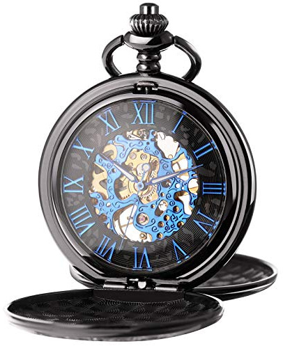 TREEWETO Reloj de bolsillo unisex con cadena, cuerda manual mecánica, doble bisagra, esqueleto antiguo, números romanos