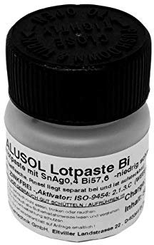 Niedrig schmelzende ALUSOL Lotpaste Bi zum Löten von Aluminium und Aluminiumlegierungen 50 g in Pinselflasche (Aluminium-Weichlötpaste, Legierung SnAgBi57,6, bleifrei, zinkfrei)