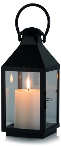 NUPTIO Lanterns Black Garden Decorative: 28.5cm Tall Rustic Hanging Lantern Metal Candleholder - Indoor Outdoor Large Candle Holder real glass for Grave Garden Yard Patio Decoration