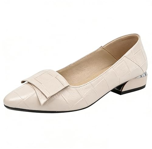Jamron Femmes Bout Pointu Talon Bloc Escarpins Cuir à Carreaux Semelle Souple Ballerines Beige SN602C046 EU39.5