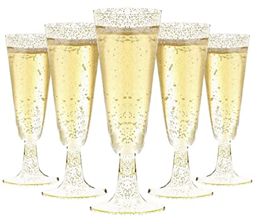 LATERN 50 Pièces Flûtes à Champagne Scintillantes D'or, 150ml Verres en Plastique Gobelets à Vin Réutilisables à Tige pour Fêtes De Douche D'anniversaire Mariage Jardin (5,5 x 16,5cm)