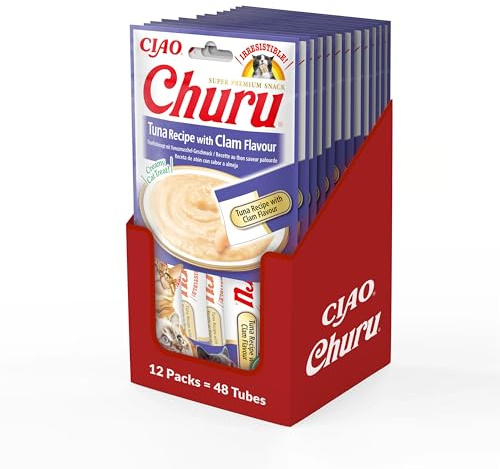INABA Churu Püree kattgodis – kattpasta för utfodring från handen – kattpinnar med tonfisk och Venusmussla – 12-pack/48 pinnar