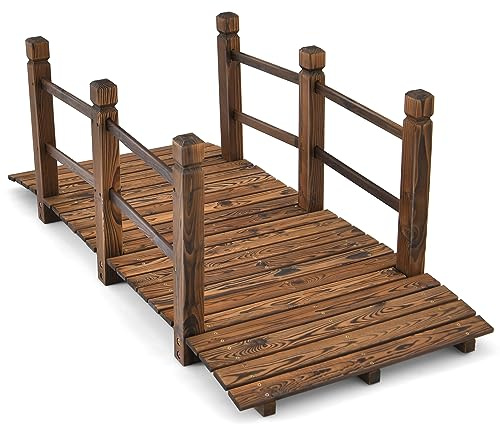 Tangkula 5 FT Wooden Garden Bridge, Arch Stained Finish Footbridge with Double Safety Rails, Outdoor Fir Construction Decorative Bridge Walkway for Backyard, Gravel Road, Creek, Farm (Stained Wood)