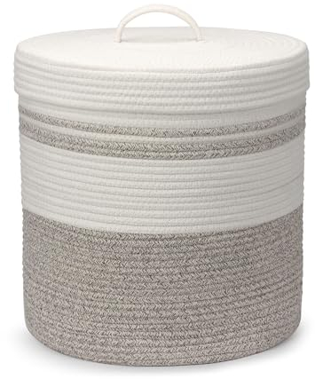 Goodheim Cesto Portabiancheria con Coperchio Cesta in Corda di Cotone, Bucato e Giochi Bambini, Cestino Piccolo Della Biancheria, Cestone Biancheria Ceste Portaoggetti Bianco Marrone (35x42cm)