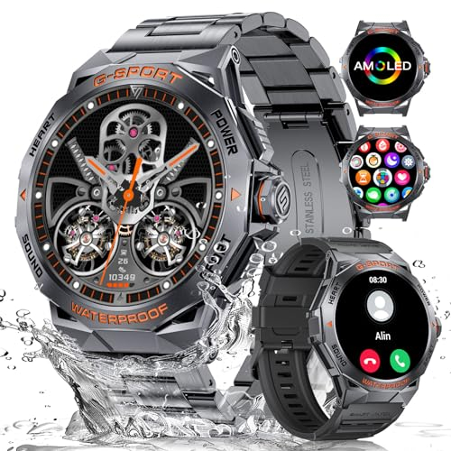 DREMAC Smartwatch Herren mit Telefonfunktion 1,43'' AMOLED-Smartwatch Militär,120+ Sportmodi,Uhren Herren mit 24/7Herzfrequenz,SpO2,Schlafmonitor,400 mAh Akku,IP68 Wasserdicht,für Android iOS