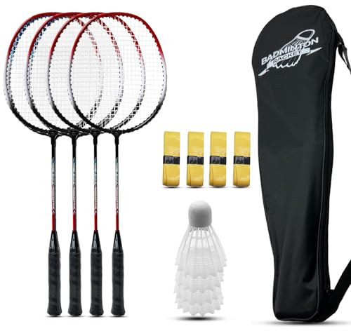 Magicorange Lot de 4 raquettes de badminton pour jeux de plein air dans la cour arrière, y compris 4 raquettes, 4 volants, 4 bandes de grip de rechange et 1 sac de transport (Rouge)
