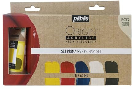 Pébéo - Origin Acrylics - Grundierungsset 5x60 ml - Öko-Acrylfarbe - Matte Oberfläche - Bindemittel 100% recycelt - 96% Rohstoffe aus Europa - Gelb, Rot, Cyan, Weiss, Schwarz