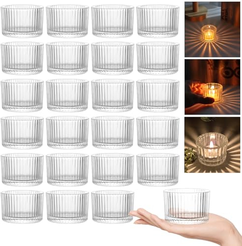 Oungy Lot de 24 photophores en verre transparent, petits photophores de 5,5 cm x 3,8 cm, verres à thé pour photophore, verres à bougie, photophores en verre pour décoration de table, décoration de