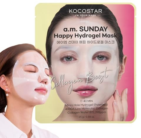 KOCOSTAR Happy Hydrogel Maschera – 40 minuti Rassodante coreano Face Mask Sheet per donne con acqua di collagene, estratto – idratante per la cura del viso del collagene – a.m. SUNDAY (1 foglio)