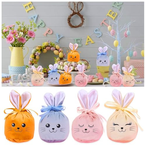4 Stück Osternester zum Befüllen, Osterkörbchen, Osterkorb, Osterkorb für Kinder, Osternest, Osterkörbchen Kinder, Ostertasche mit Ohren 18x15cm, Osterhasen Bunt Samt Geschenke für Kinder