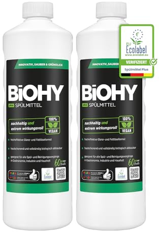 BiOHY Diskmedel Plus (2 x 1 liter) | Ekologiskt flytande koncentrat för porslin med EU-miljömärke | Extra kraftfull fettlösare | Perfekt för diskmedelsdispenser | Miljövänlig och biologiskt nedbrytbar