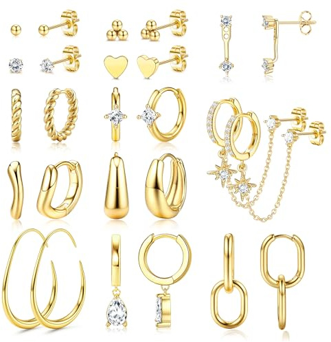 FIOROYAL 13 Pares Pendientes Mujer Oro Pendientes Dorados Mujer Hipoalergénico 14K Chapado Oro Stud Aros Dorados Mujers Huggie Aro Para Múltiples Piercing Oreja Dainty Non Tarnish Cartilage Oro