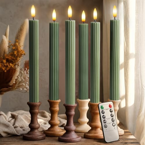 West Ivory 6 Pack, 10 LED Flameless Real Wax Sage Olive Loden Green Fluted Ribbed Grooved Taper Candles, Remote & 24h Timer Memory, On/Off Button, Dimmable, Flicker Mode, Battery Operated, Wedding