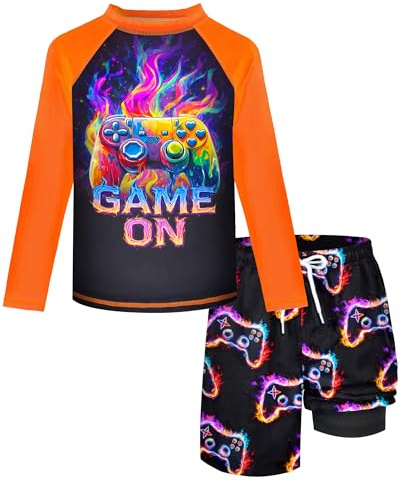 Boys 2 Piece Rash Guard Swimsuit Long Sleeve Swim Shirt and Trunks Quick Dry Black Bathing Suit Game Console Set Size 10-12