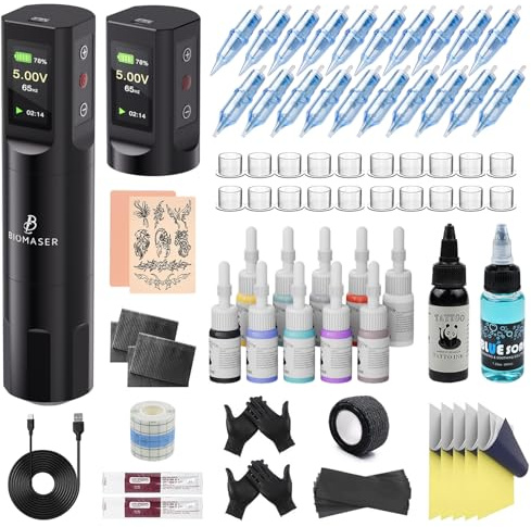 Biomaser Trådlöst maskinset trådlös roterande penna maskin set | 2 st 1600 mAh batteri med 20 stycken nålar, 11 flaskor bläck för professionella nybörjare och konstnärer