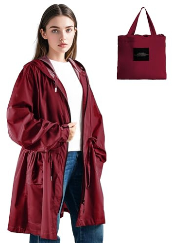 LAMA Chaqueta impermeable para mujer, impermeable, ligera, transpirable, con capucha, con bolsillos grandes, correas reflectantes, bolsa de transporte, rosso, M