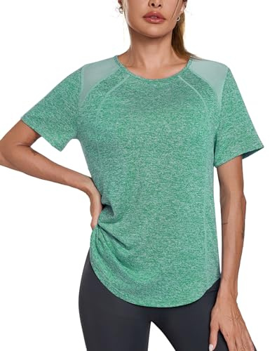 Terecey Maglietta Sportiva Donna Maniche Corte Scollo Tondo Traspirante Funzionale Fitness Maglietta da Corsa Yoga Workout Top Unicolore Basic Loose Fit con Design a Rete sul Retro, Verde, S