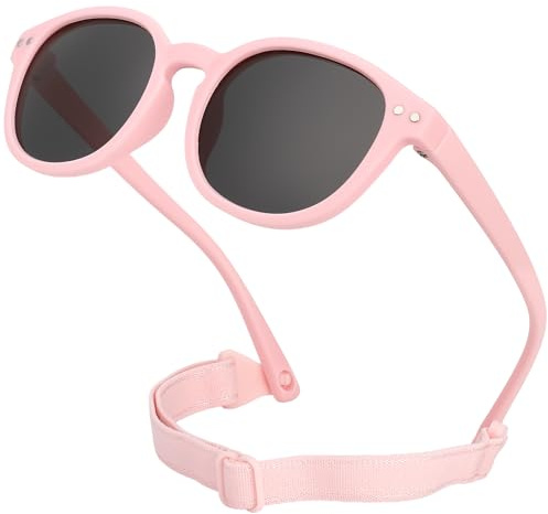 LOJUDI Lunettes de Soleil Bebe 0-24 Mois avec Cordon Polarisées Monture Souple Lunette Soleil Bebe 0 a 2 Ans Fille Garçon avec Protection UV400 & sans BPA - Rose/Noir