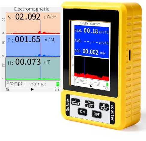 Contador Geiger & Medidor EMF 4 en 1, Detector de Radiación para Radioactividad Nuclear (Gamma, Beta y Rayos X) y Campos Electromagnéticos (EF/MF/RF), con Alarma y Pantalla LCD para Hogar, Exteriores