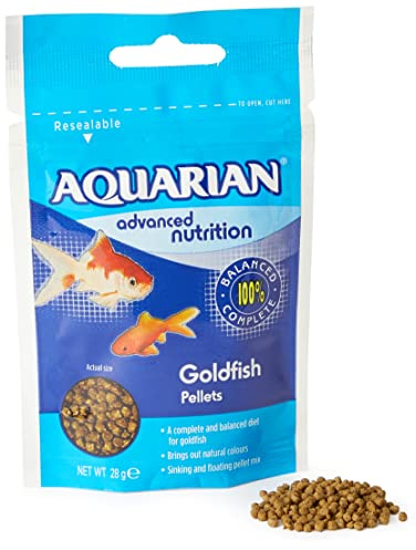AQUARIAN Complete Nutrition, Aquarium Goldfish Food Pellets Also Suitable for Small Pond Fish, 28g Bag