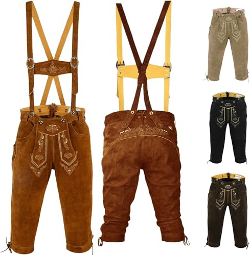 German Wear Trachten Lederhose Herren Kniebundhose original Trachtenhose Kniebundlederhose mit Hosenträger Trachtenlederhosen aus Echtleder geeignet für Oktoberfeste & Volksfeste Kastanienbraun - 60