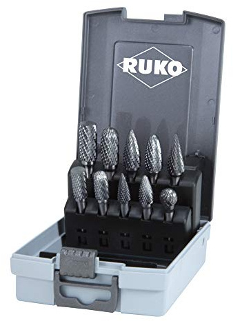 RUKO Tungsten Carbide Rotary Burr Set in Plastic Case, Bright Finish, 10 Pieces, R116003RO