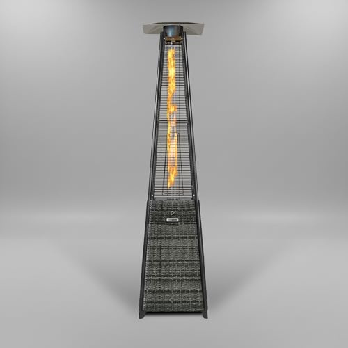 REALGLOW Real Flame Outdoor Pyramid Patio Heater in Grey Rattan - 13KW Propane Gas Standing Floor Heater for Outdoors & Gardens - Outside Space Heating for Decking, Home Garden & Gazebo
