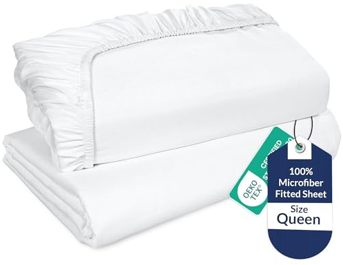 Royale Linens 2 Pack Fitted Sheet - Elastic Sheets - Queen Fitted Sheet Only -Soft & Breathable - Brushed 1800 Microfiber- Stain Resistant- Hotel Quality Deep Pocket Stretches Up to 16 (Queen, White)