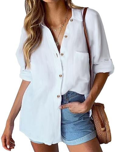HOTOUCH Oversized White Button Down Shirt Women Linen Cotton V Neck Long Sleeve Blouse Casual Collared Gauze Tops XXL