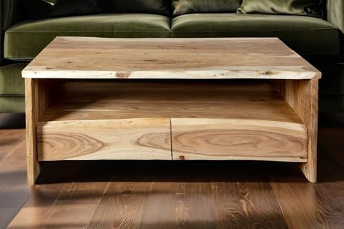 SAM Couchtisch Dahlia III, Sofatisch mit Ablage & 2 Schubladen, Akazienholz massiv + naturfarben + lackiert, Beistelltisch mit echter Baumkante, 110x60x45 cm