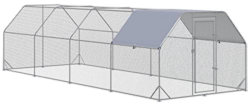 PawHut Large Chicken Coop Metal Chicken Run with Waterproof and Anti-UV Cover, Flat Shaped Walk in Fence Cage Hen House for Outdoor and Yard Farm Use, 1 Tube Diameter, 9.2' x 24.9' x 6.4'