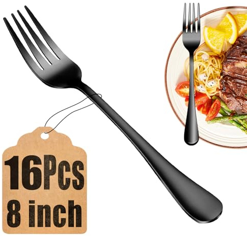 16 Piece Black Dinner Forks Set, Food-Grade Stainless Steel Silverware Forks, Cutlery Fork, Metal Fork for Home, Kitchen or Restaurant, Mirror Polished, Dishwasher Safe - 8 Inch