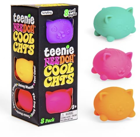 Schylling Teenie NeeDoh Cool Cats (3 Pack) - Mini Squishy Animals Fidget Toys, 8 Assorted Colours & Styles, Nee Doh Stress Balls For Anxiety Relief, Safe & Non-Toxic Dough; 3 Year Olds +