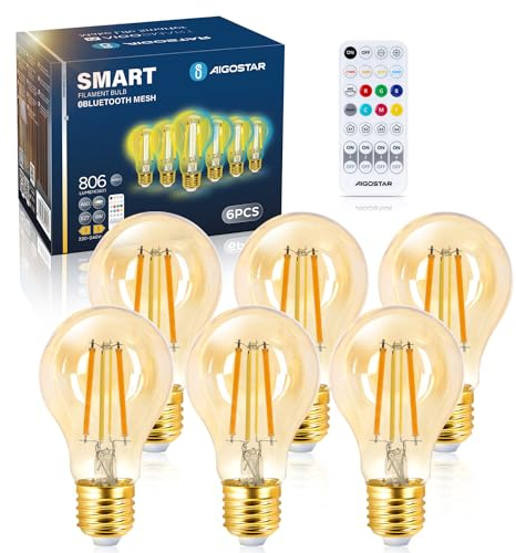 Aigostar Mesh - Smart Lamp Bluetooth Mesh A60, 6W 806LM Smart Bulb Dimbaar CCT 2700K-6500K, Vintage Filament Lamp LED Slimme Compatibel met Alexa/Google Home, 6 Stuks (met Bluetooth-afstandsbediening)