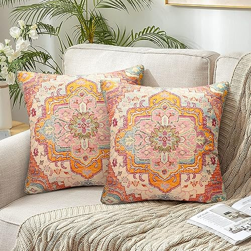 Kissenbezüge 45 x 45 Leinen Kissenhüllen Boho Kissenbezug Türkischer Teppich Muster Kissenhülle Doppelseitiger Druck Moderne Geometrisch Landhausstil Zierkissenbezüge Mandala Blume Dekor 2er Set
