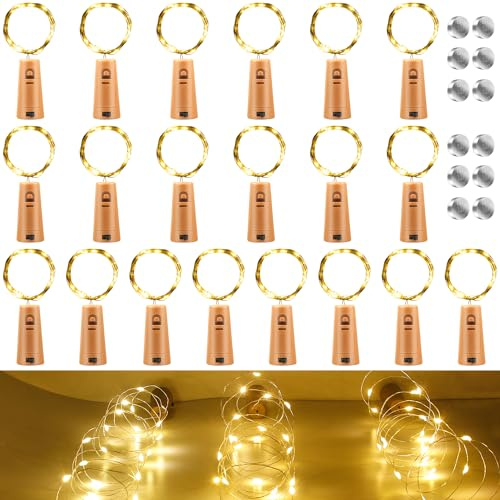 Luce per bottiglie, 20 x 20 LED, con 12 batterie di ricambio (LR44), luce bianca calda, per bottiglie di sughero, batteria, bottiglia di vino, luci per bottiglie, decorazioni natalizie, feste di nozze