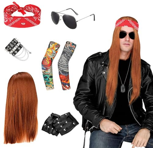 Hojalis Rocker Punker Kostüm Zubehör, 7 Stück Punk Gothic Rocker Kit mit Perücke Lederarmband Bandanas Tattoo Ärmel Handschuhe Schwarze Sonnenbrille, 80er 90er Hip Hop Disco Kostüm Set
