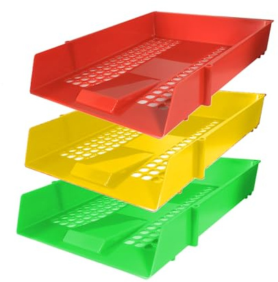 Nobel Plastic Filing Storage Letter Trays with Metal Risers, Document Paper Filing In & Out, 3 Trays + 8 Risers, Stackable (Traffic Colours)