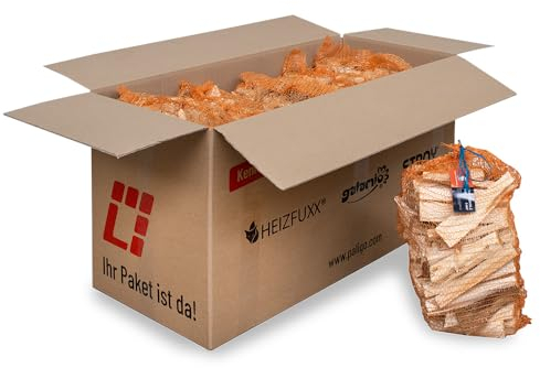 HEIZFUXX Anzündholz Blue 18cm 5dm3 x 10 Sack 50dm3 1 Paket Weichholz Anfeuerholz Anmachholz Brennholz Kaminholz Ofenholz Trocken Ofenfertig Paligo