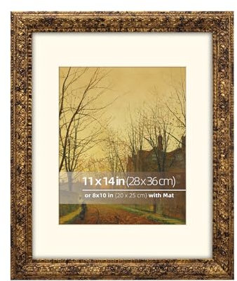 Eitida 11x14 Rustic Gold Ornate Vintage Classic Picture Frame, With Mat 8x10 inches, Real Glass Protection, Horiztonal or Vertical Display